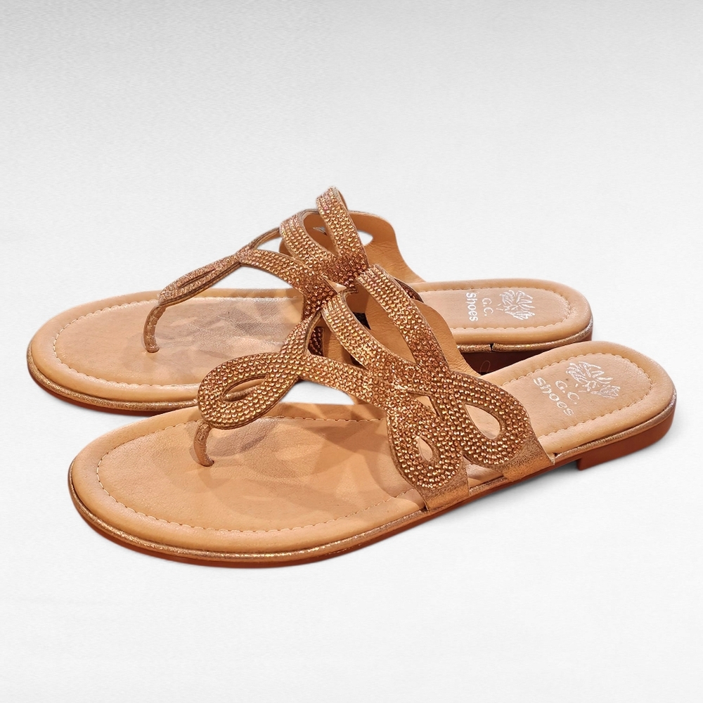 GC Amelia Rose Gold 6 Embellished Thing Flat Sandals Size 9.5